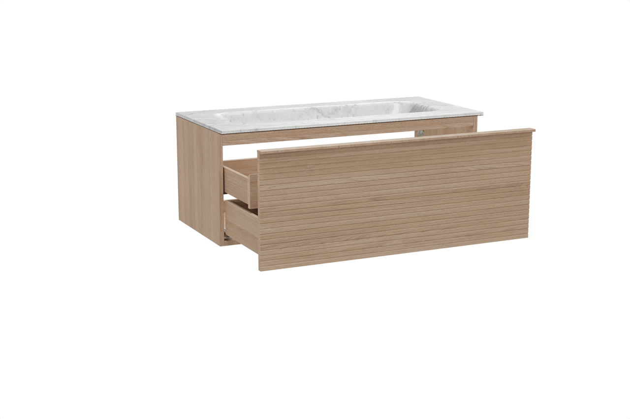 Balmani Forma hängendes Möbelstück Set: 120 x 55 cm, Naturbelassene Eiche, mit Tablo Arcato Einzelwaschtisch, Marmor, Carrara, Horizontale symmetrische gerade Rippe