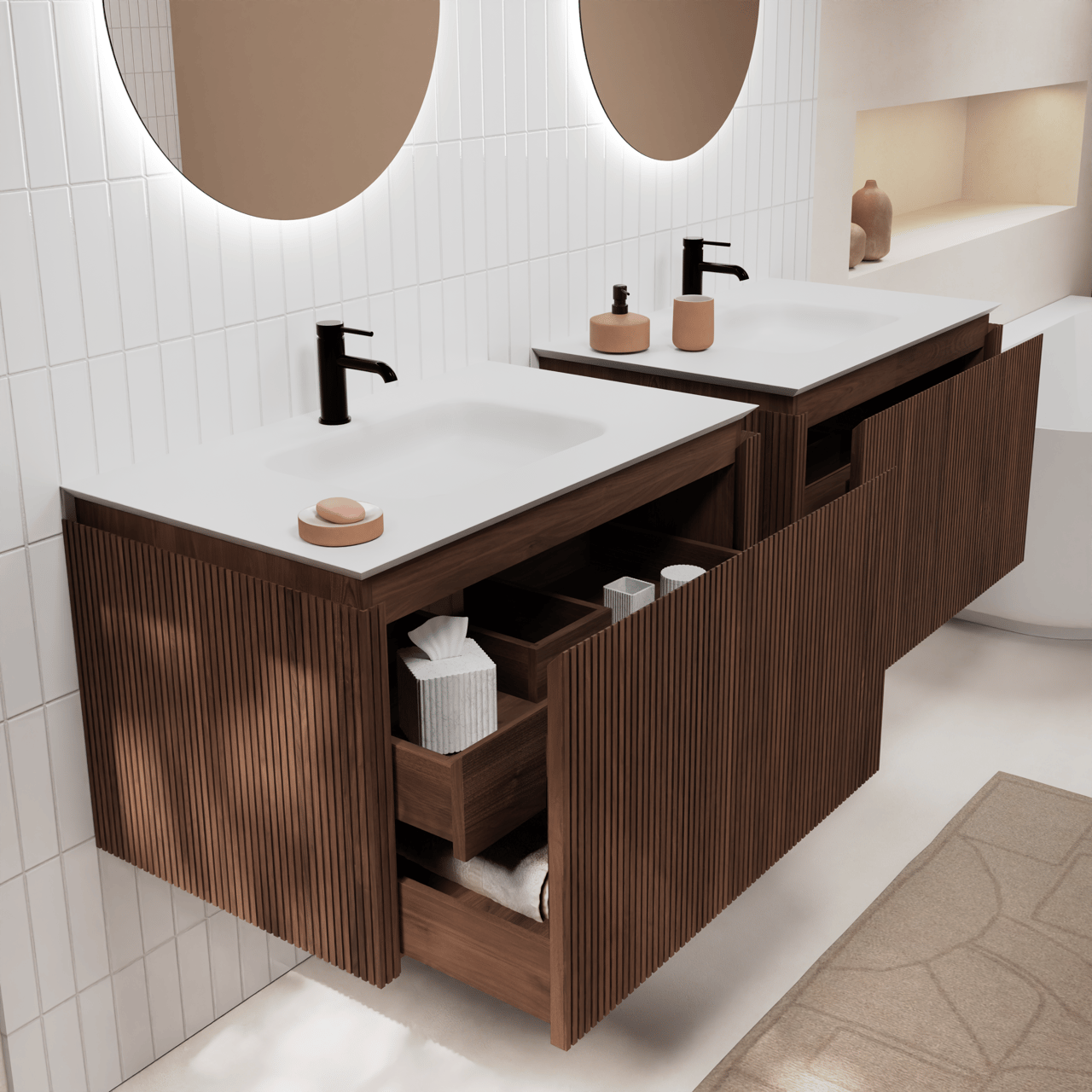 Balmani Eclips hängendes Möbelstück Set: 90 x 55 cm, Amerikanischer Nussbaum, mit Eclips Einzelwaschtisch Solid Surface Weiβ matt, Vertikale symmetrische gerade Rippe