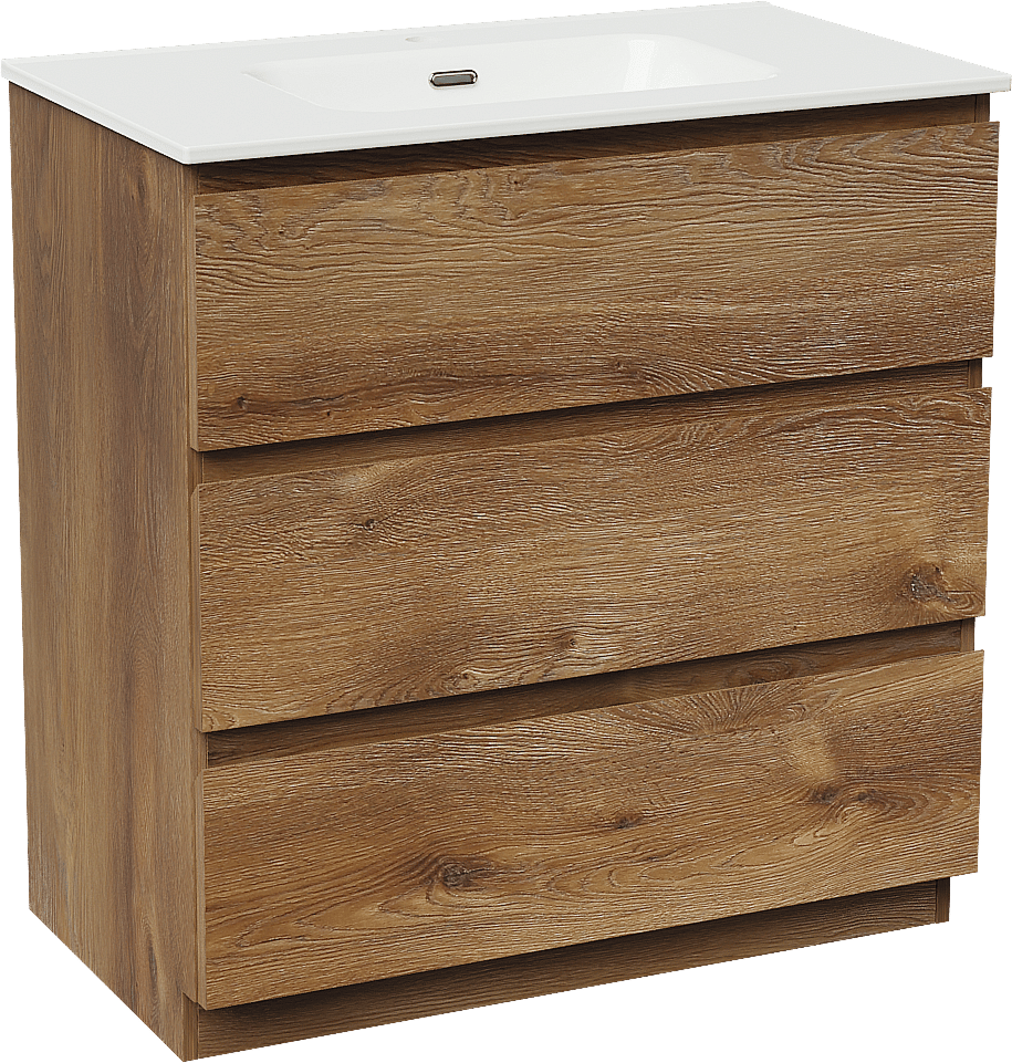 Linie Lado meuble salle de bains à poser 80 x 46 cm chêne brun avec Baro plan simple en porcelaine blanc brillant