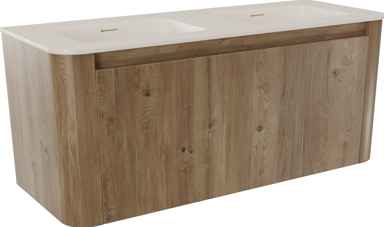Storke Soft meuble salle de bains suspendu 120 x 46 cm chêne brut avec Mata Soft double vasque en Solid Surface beige granite