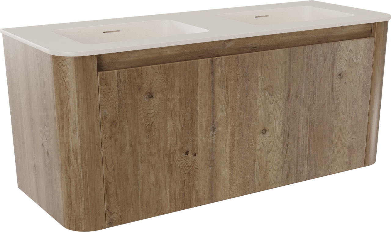 Storke Soft hängendes Möbelstück Set: 120 x 46 cm, Eiche rau, mit Mata Soft Doppelwaschtischplatte Solid Surface Beige Granit