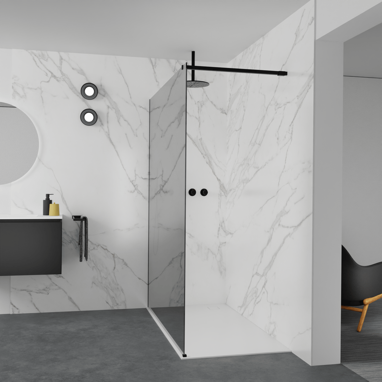 Balmani Modular douche à l'italienne: 160 x 200 cm, Miroir Reflex, avec coating, Profil Noir mat