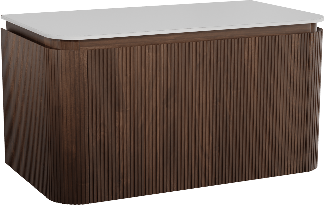 Balmani Moon zwevend badmeubel 100 x 55 cm amerikaans notenhout met Moon enkel wastafelblad in solid surface mat wit, Verticale symmetrische rechte ribbel