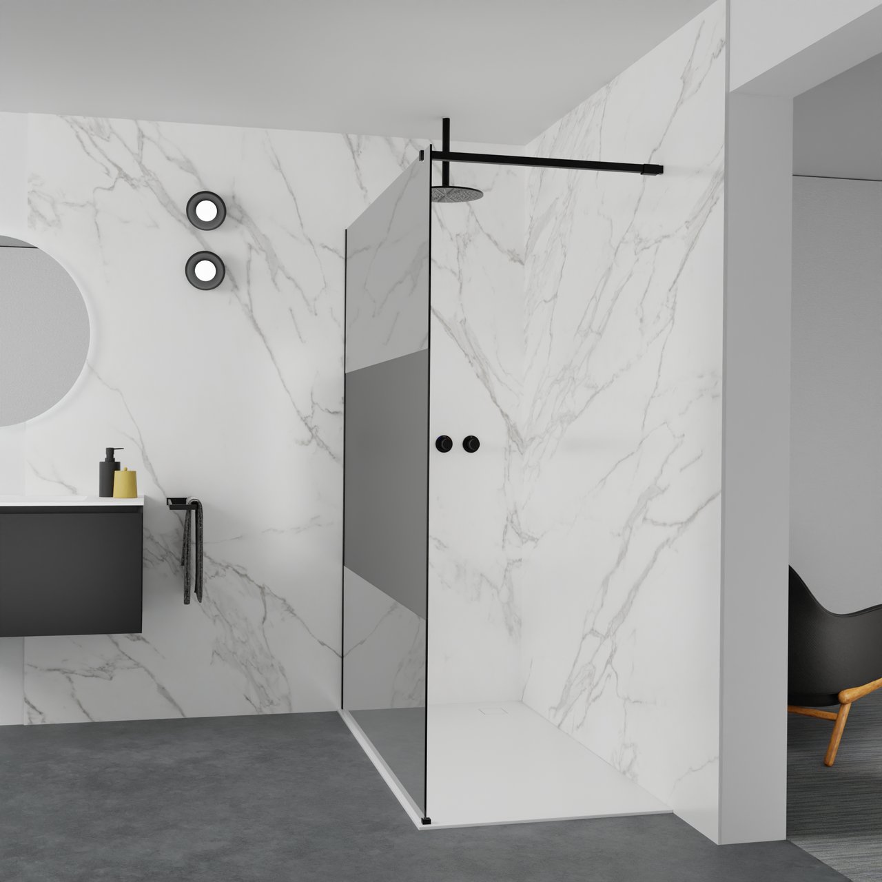 Balmani Modular Walk-In Dusche: 160 x 200 cm, Rauchglas mit mattiertem Streifen, Profil Schwarz matt