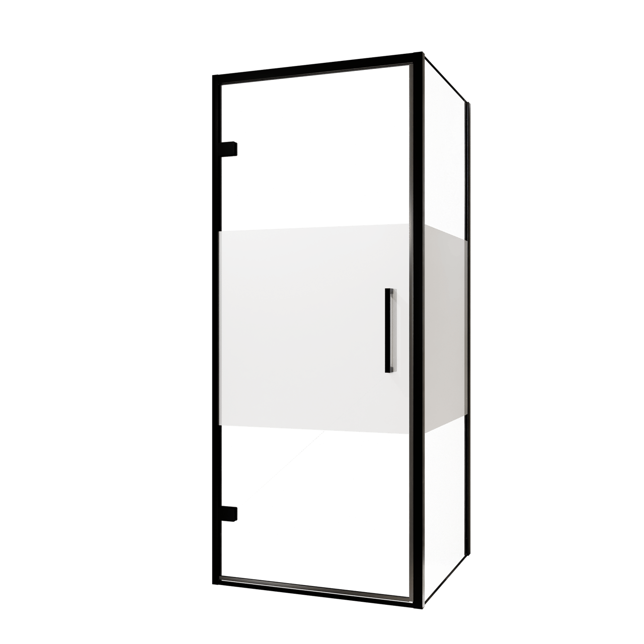 Balmani Senses Design douchehoek met linkse draaideur en vaste zijwand, 90 x 90 cm, Helder glas met matte strook, Zwarte profielen