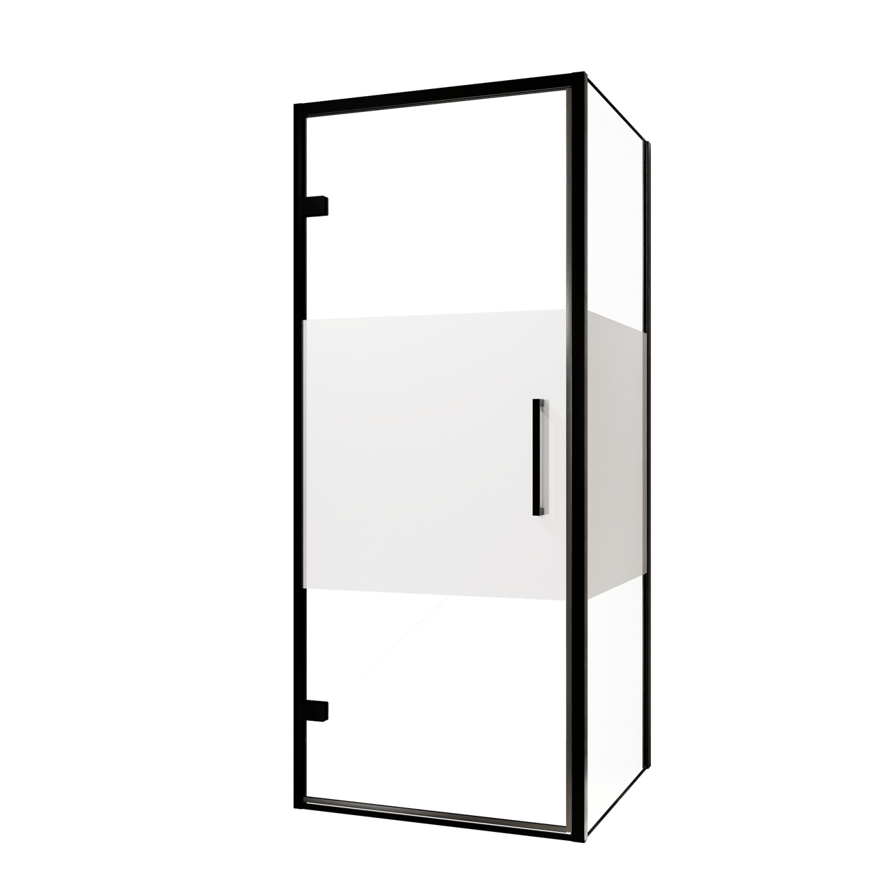 Balmani Senses Design douchehoek met linkse draaideur en vaste zijwand, 90 x 90 cm, Helder glas met matte strook, Zwarte profielen, met coating