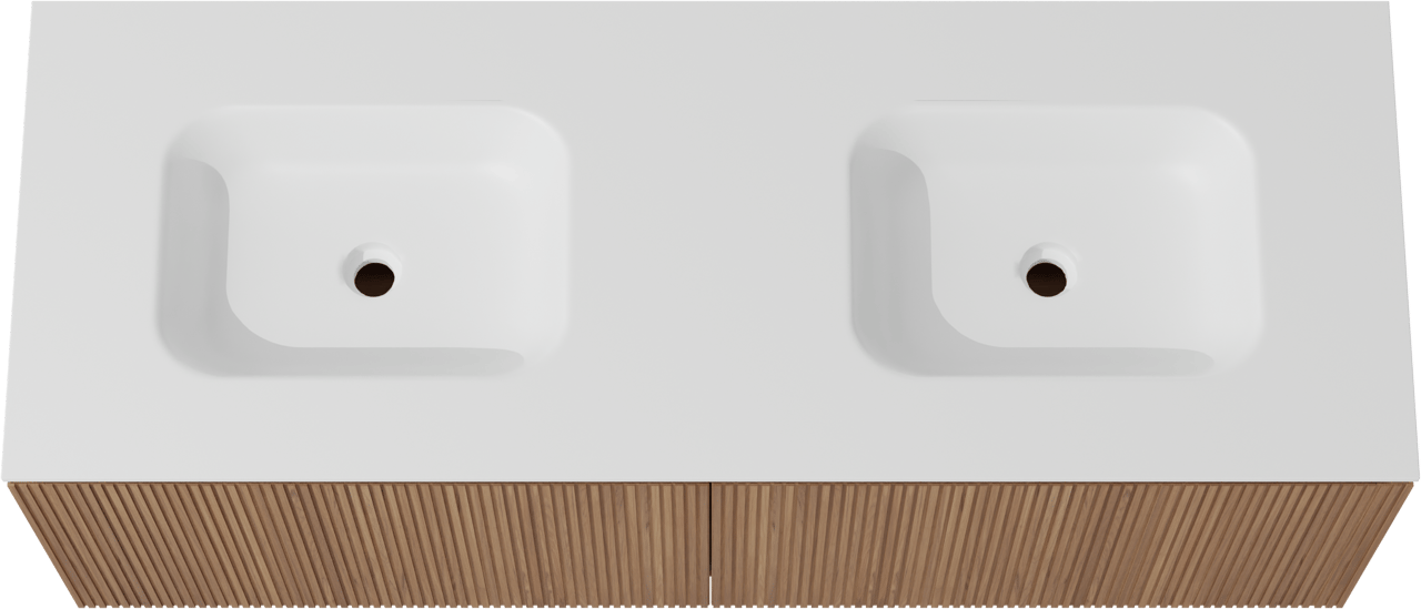 Balmani Eclips zwevend badkamermeubel 150 x 55 cm Teak met Tablo Arcato dubbele wastafel in Solid Surface mat wit, Verticale symmetrische rechte ribbel