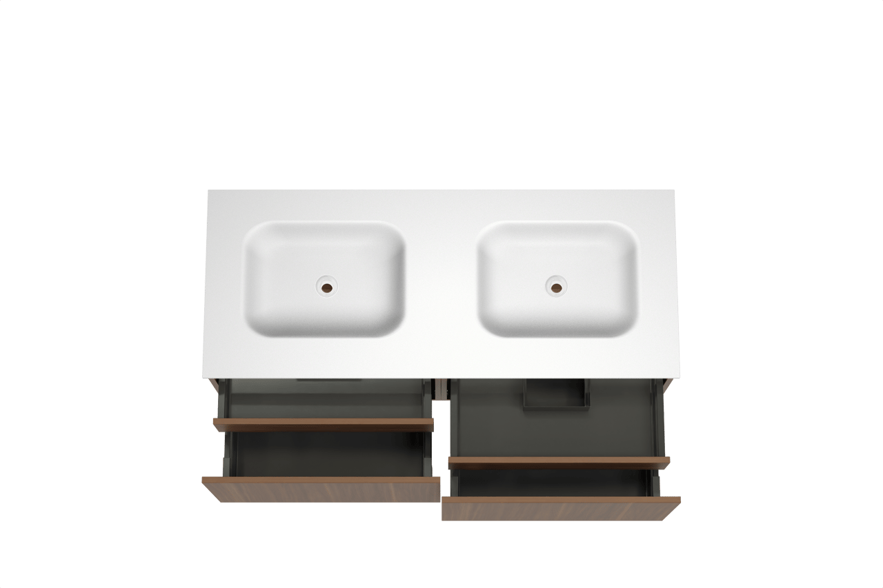 Balmani Sfera meuble salle de bains suspendu 135 x 55 cm noyer américain avec Tablo Arcato double vasque en solid surface blanc mat