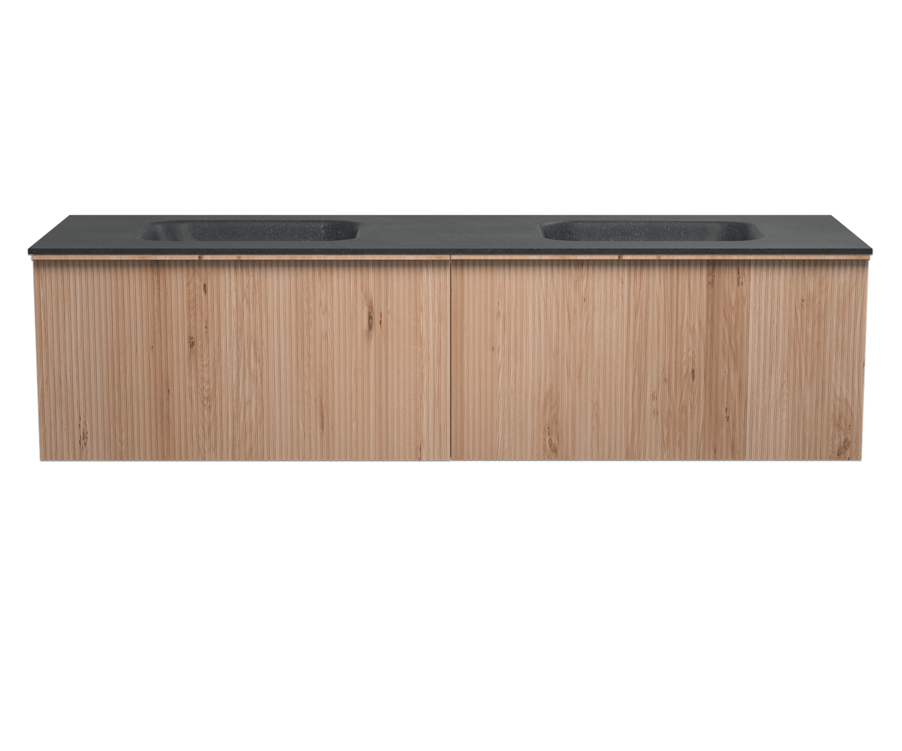 Balmani Forma zwevend badmeubel 180 x 55 cm naturel eiken met Tablo Arcato dubbele wastafel in graniet zwart graniet Verticale symmetrische rechte ribbel