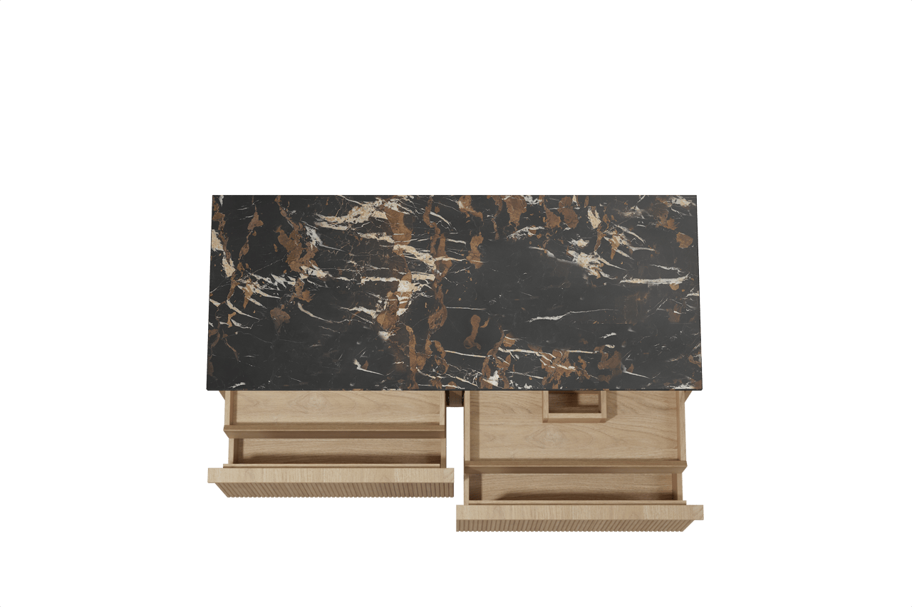 Balmani Forma hängendes Möbelstück Set: 135 x 55 cm, Naturbelassene Eiche, mit Stretto Einzel- oder Doppel Waschtischplatte, Marmor, Portoro Gold, Vertikale symmetrische gerade Rippe