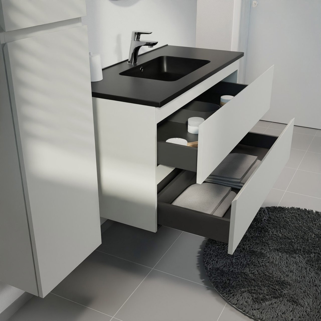 Linie Lado zwevend badkamermeubel 100 x 46 cm greige met Vano enkele wastafel in composietmarmer mat zwart