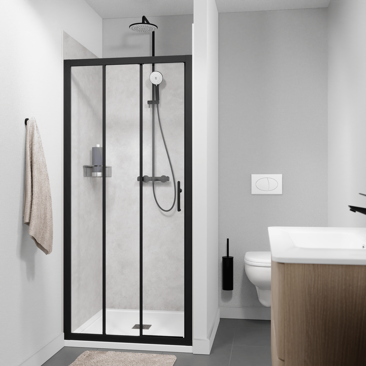 Linie Cadiz porte coulissante en trois parties 90 cm x 190 cm verre transparent profil noir mat