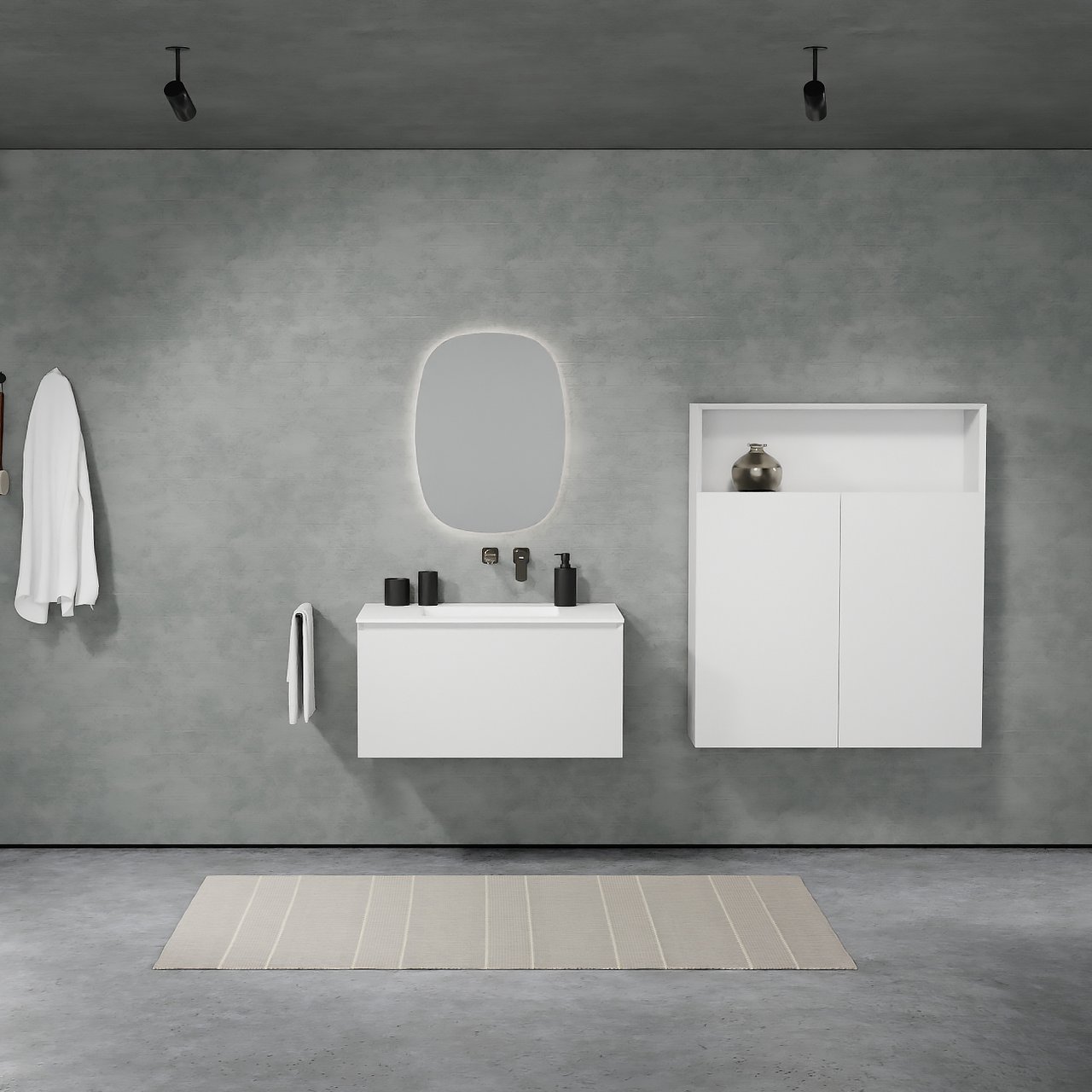 Balmani Idra by Mitra meuble salle de bains suspendu 90 x 55 cm blanc mat avec Tablo Arcato plan simple en solid surface blanc mat