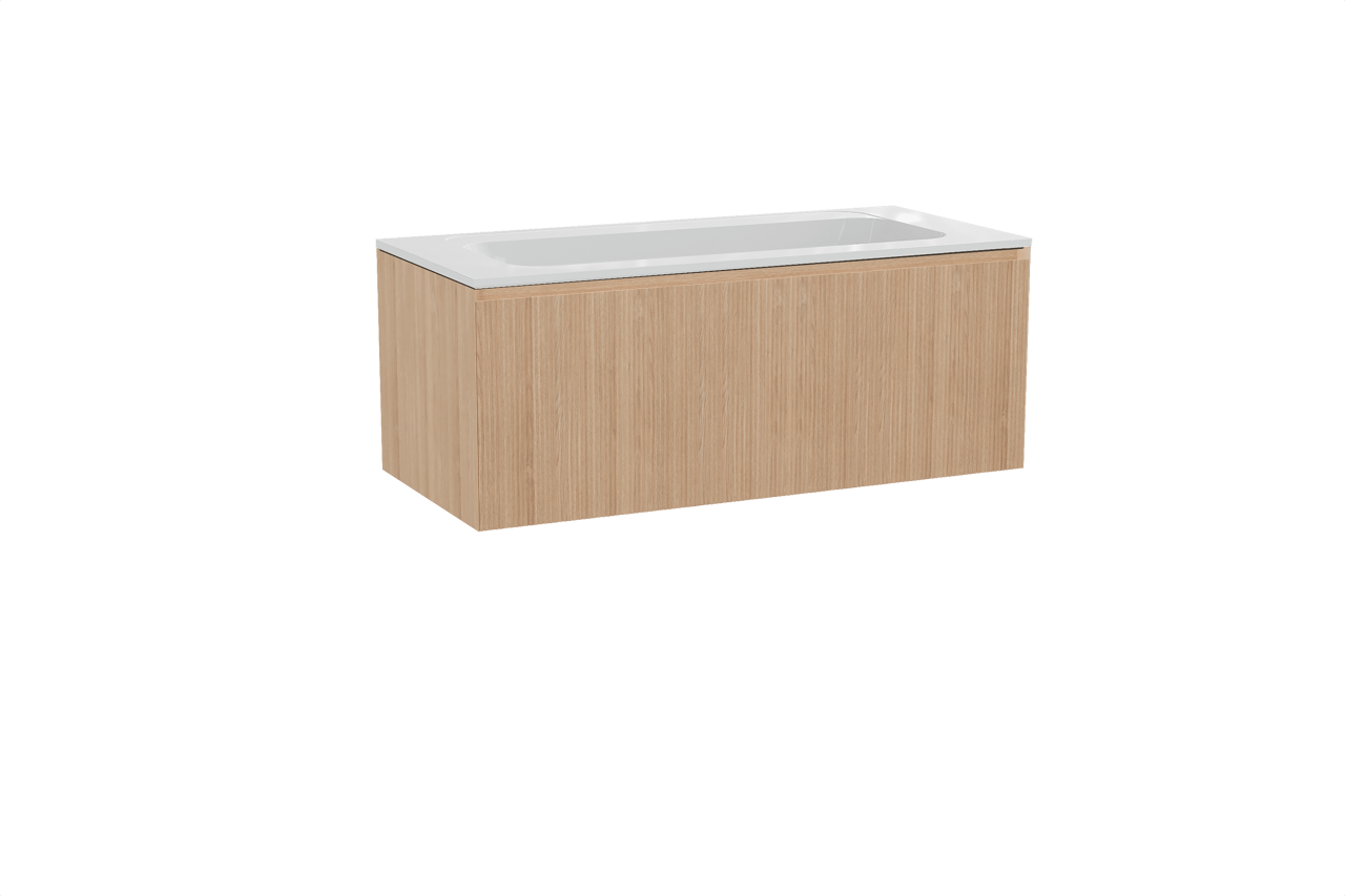 Balmani Fila hängendes Möbelstück Set: 120 x 55 cm, Naturbelassene Eiche, mit Tablo Strada Einzelwaschtisch, Marmorkomposit, Weiß glänzend, Vertikale symmetrische gerade Rippe