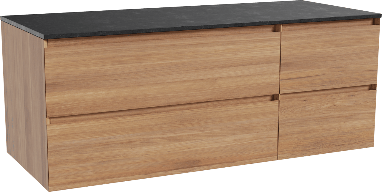 Balmani Mitra zwevend badkamermeubel 135 x 55 cm teak met Stretto enkel of dubbel tablet in graniet zwart