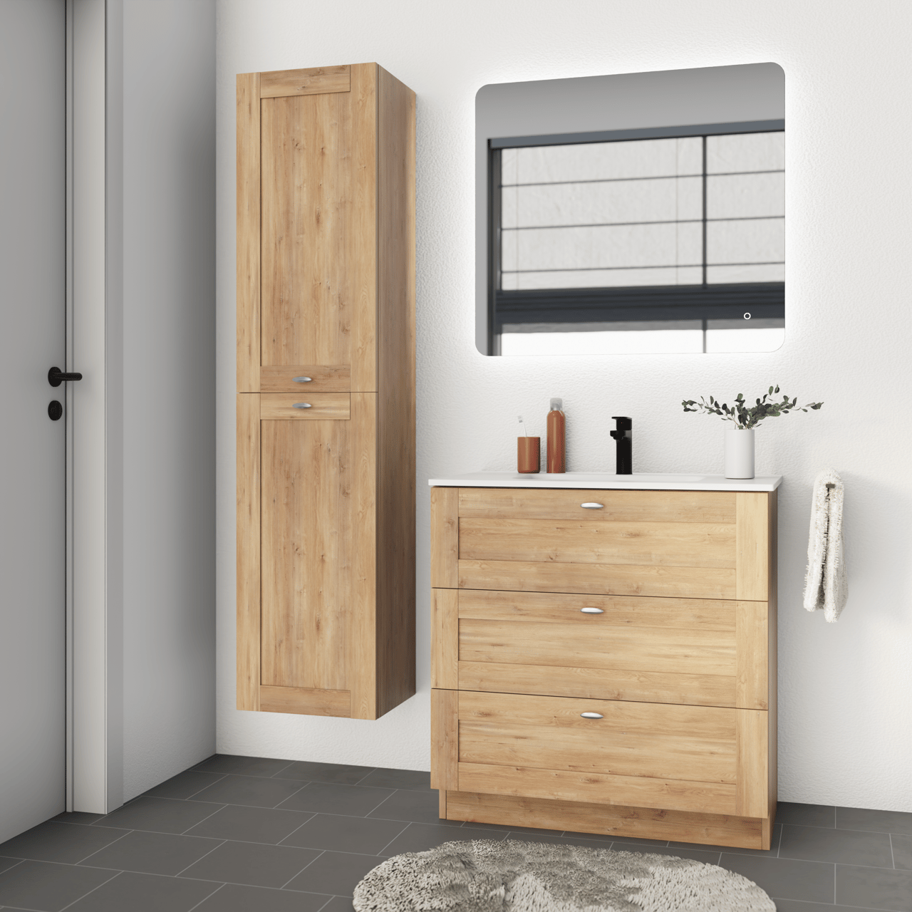 Linie Classo meuble salle de bains à poser 80 x 46 cm chêne naturel avec Baro plan simple en porcelaine blanc mat