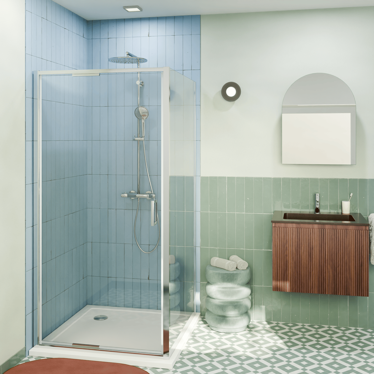 Luca Varess Vidor In Eckdusche: Drehtür und fixierte, Seitenwand, 100 x 90 cm, Klarglas, Chrom Profil, glänzend