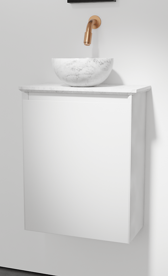 Balmani Mitra meuble wc suspendu 42 x 21 cm blanc mat avec Facetta tablette et Bari XS vaque à poser en marbre Carrara