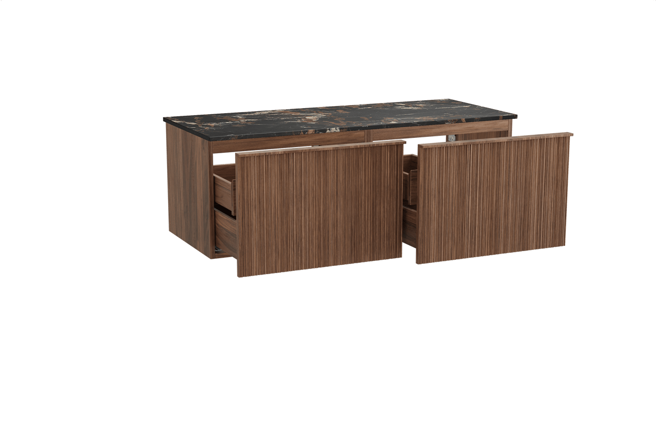 Balmani Forma zwevend badmeubel 135 x 55 cm amerikaans notenhout met Stretto enkel of dubbel wastafelblad in marmer portoro gold, Verticale asymmetrische ronde ribbel