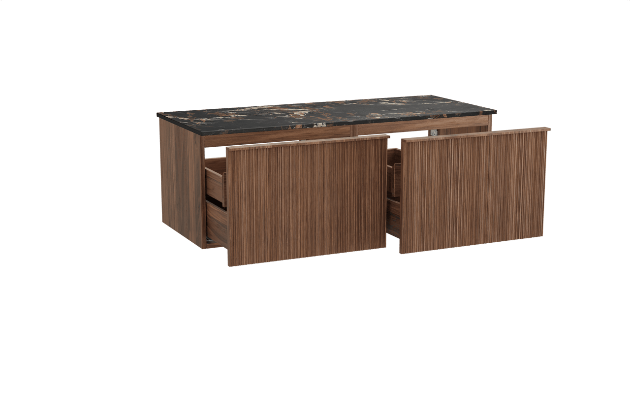 Balmani Forma meuble salle de bains suspendu 135 x 55 cm noyer américain avec Stretto tablette simple ou double en marbre portoro gold, Nervure circulaire asymétrique verticale