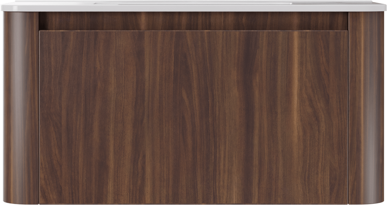 Storke Soft zwevend badkamermeubel 100 x 46 cm notelaar met Kera Soft enkele wastafel in porselein glanzend wit