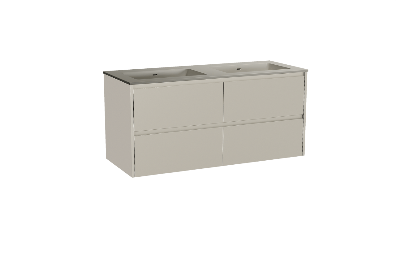 Storke Seda meuble salle de bains suspendu 130 x 52 cm soie grise avec Diva double vasque en top solid soie grise