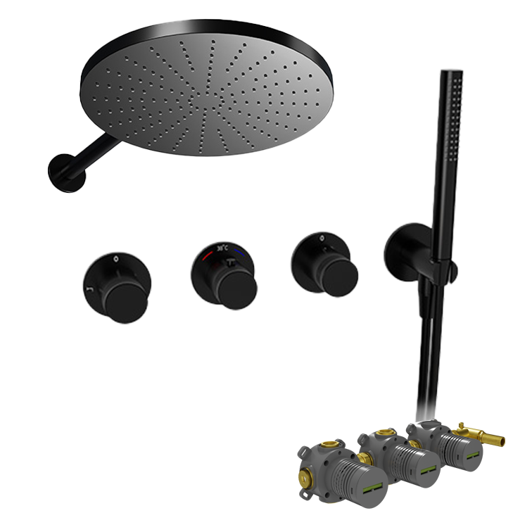 Blaufoss Pavilion Duschsystem: Unterputz, inkl. Thermostat-Duscharmatur, inkl. Duschkopf, Ø30cm, Schwarz Matt