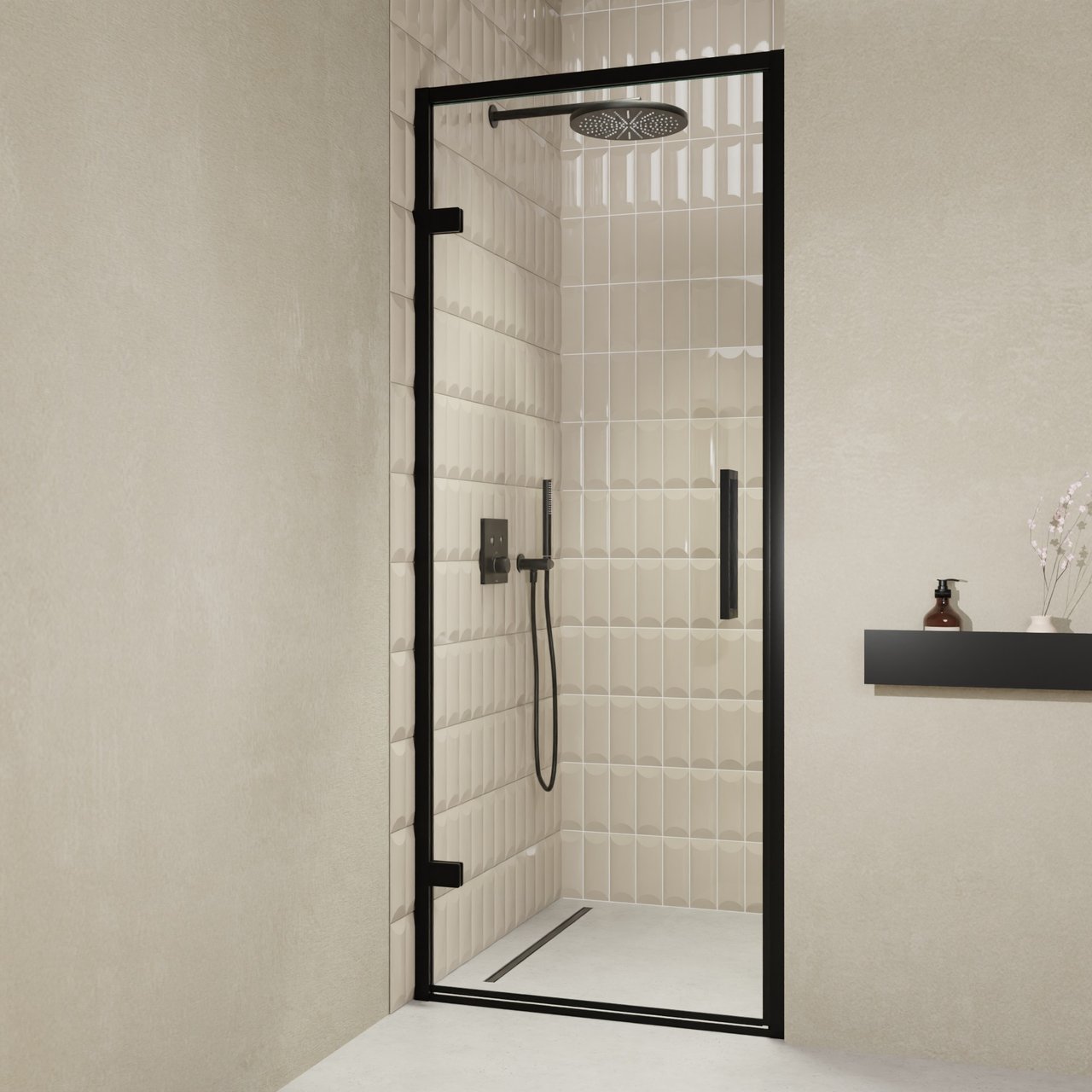 Balmani Senses Design porte pivotante à gauche 90 cm x 210 cm verre transparent, Profil noir, coating inclus