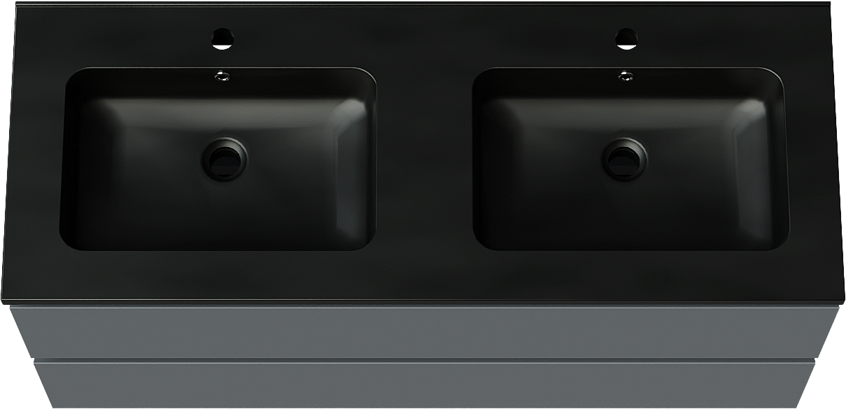 Linie Lado hängendes Möbelstück Set: 120 x 46 cm, Anthrazitblau, mit Vano Doppelwaschtisch, Marmorkomposit Schwarz matt