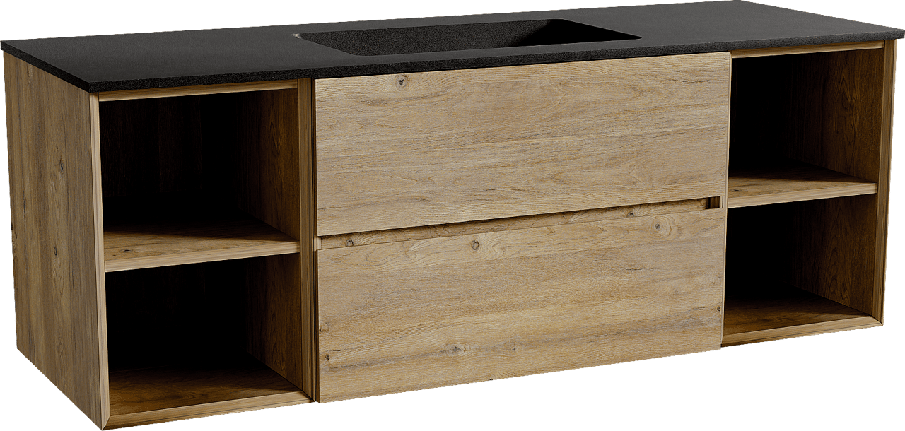 Storke Edge meuble salle de bains suspendu 145 x 52 cm chêne brut avec Scuro plan simple en quartz noir mat