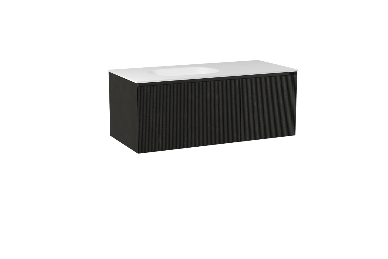 Balmani Fila hängendes Möbelstück Set: 120 x 55 cm, Schwarze Eiche, mit Tablo Oval Waschtisch links, Solid Surface, Weiß matt, Vertikale symmetrische gerade Rippe