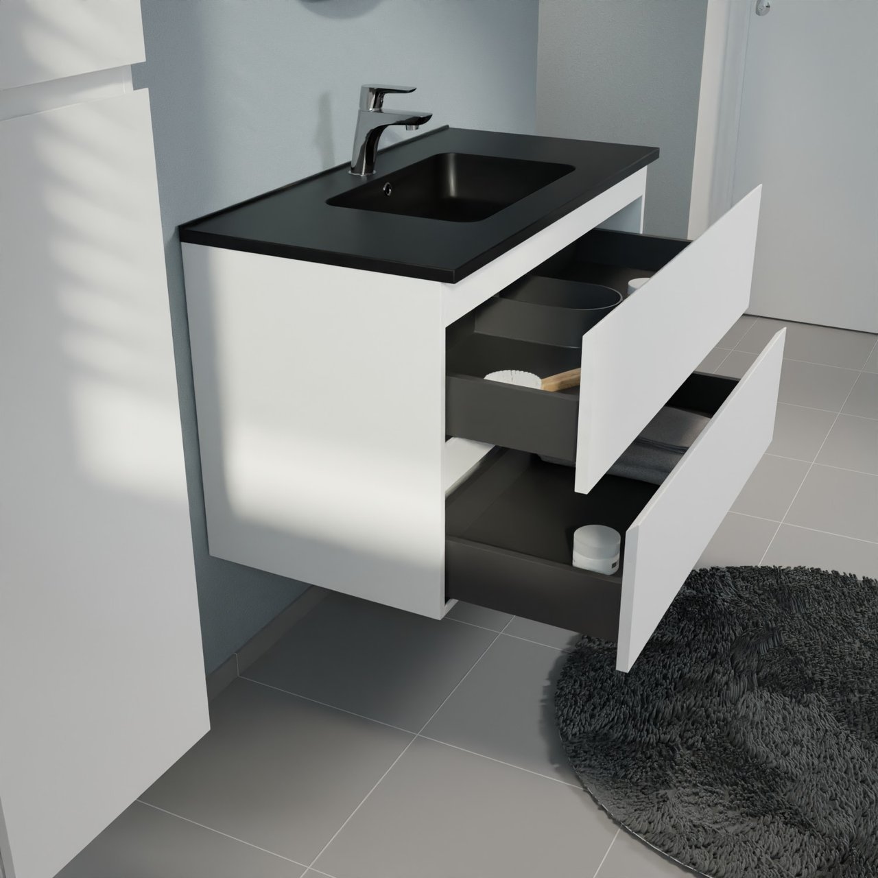 Linie Lado hängendes Möbelstück Set: 90 x 46 cm, Weiß matt, mit Vano Einzelwaschtisch, Marmorkomposit Schwarz matt