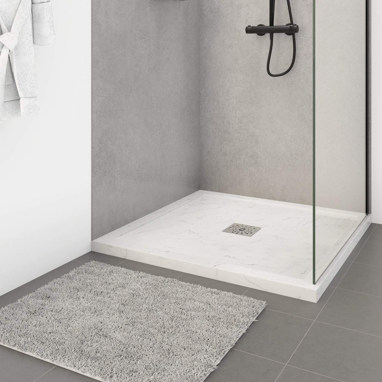 Linie Lido douchebak 90 x 90 cm composietmarmer witte marmer look leisteenstructuur