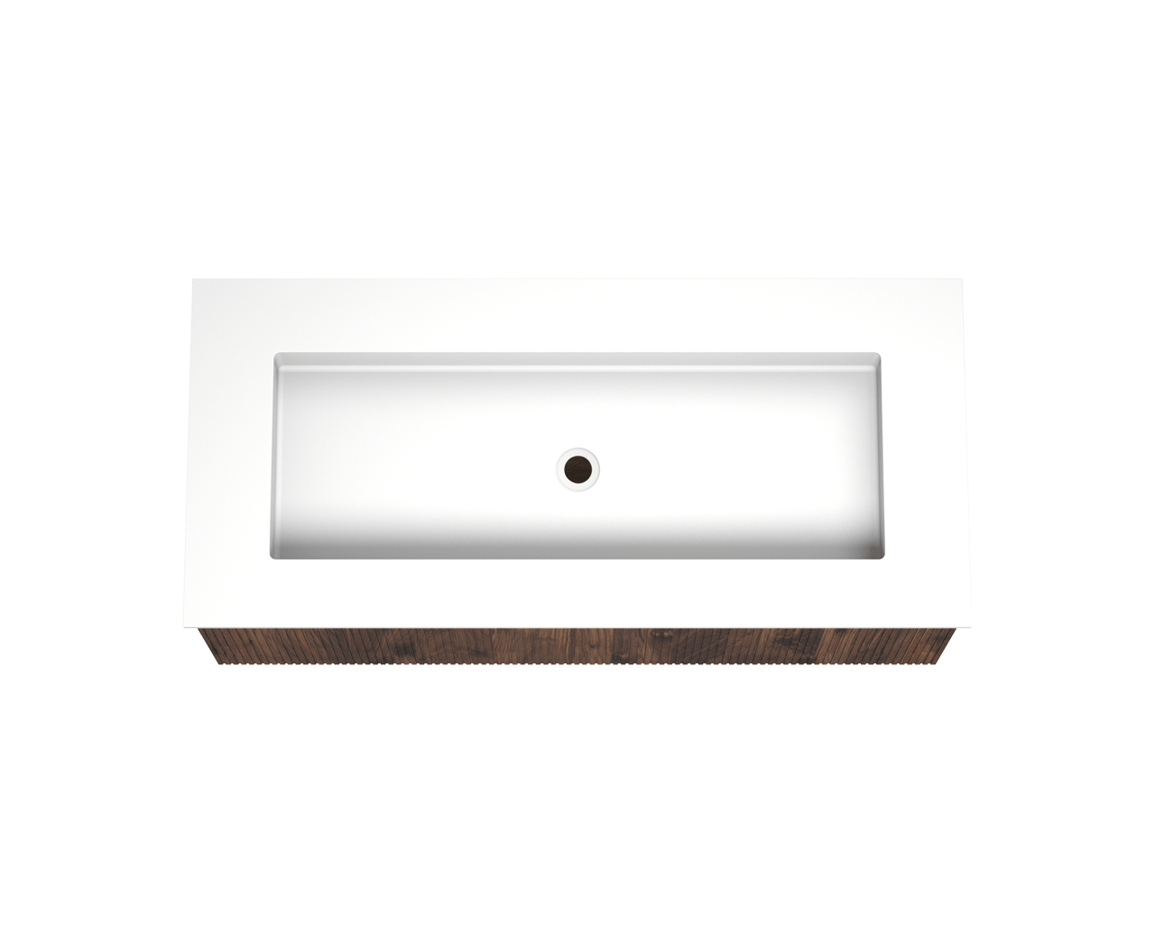 Balmani Forma zwevend badkamermeubel 120 x 55 cm amerikaanse notelaar met Tablo Stretto enkele wastafel voor 2 kraangaten in solid surface mat wit, Verticale symmetrische rechte ribbel