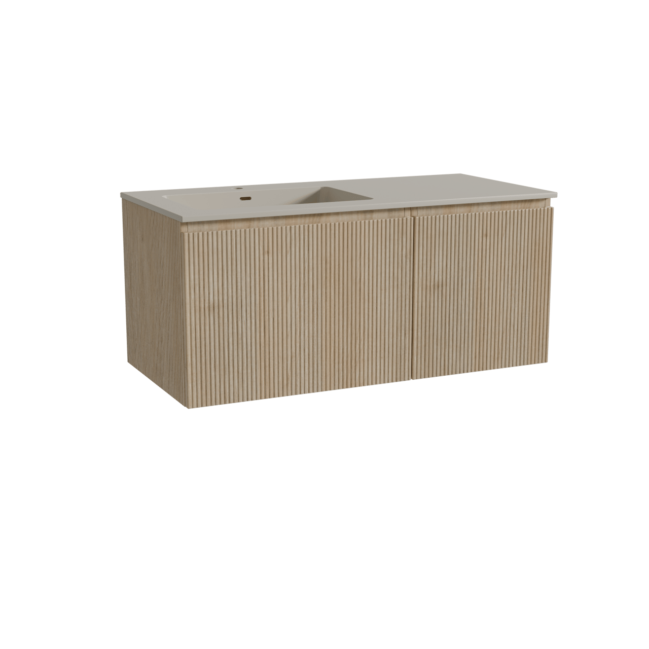 Storke Ribs meuble salle de bains suspendu 110 x 52 cm chêne brut avec Diva vasque asymétrique gauche en top solid soie grise, Nervure droite symétrique verticale