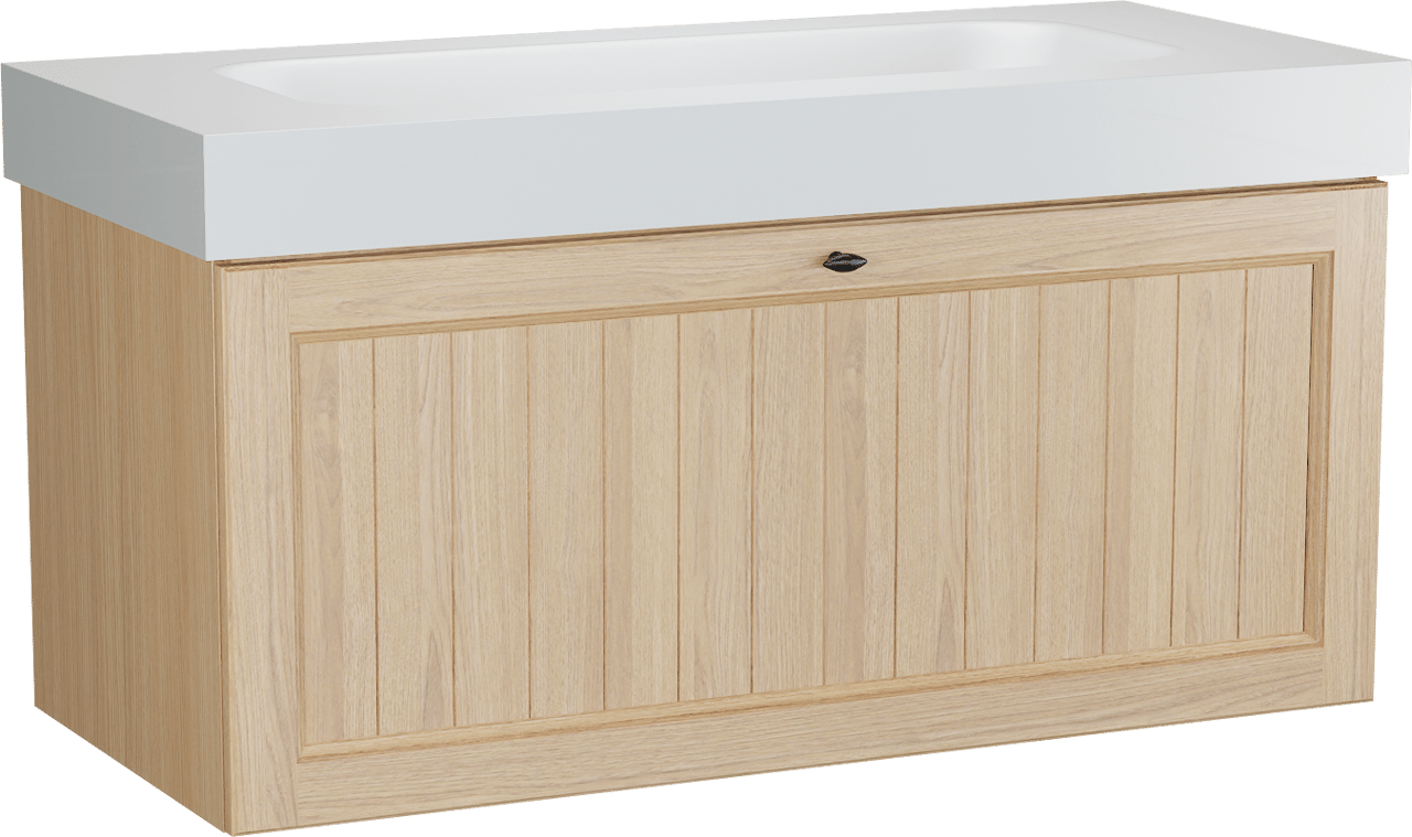 Balmani Lemon zwevend badmeubel 120 x 55 cm, fineer naturel eiken met Arcato enkele wastafel voor 2 kraangaten in mat wit