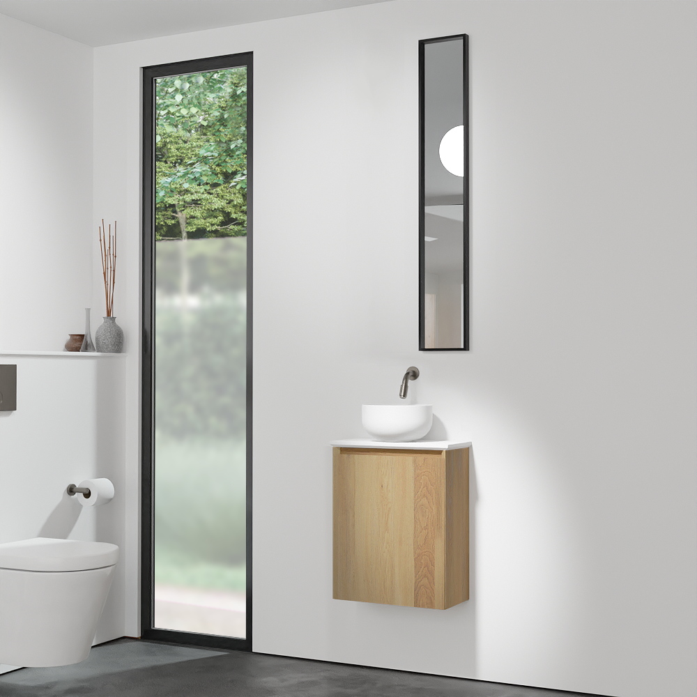 Balmani Mitra meuble wc suspendu 42 x 21 cm chêne naturel avec Facetta tablette et Bowl vaque à poser en mat Solid Surface