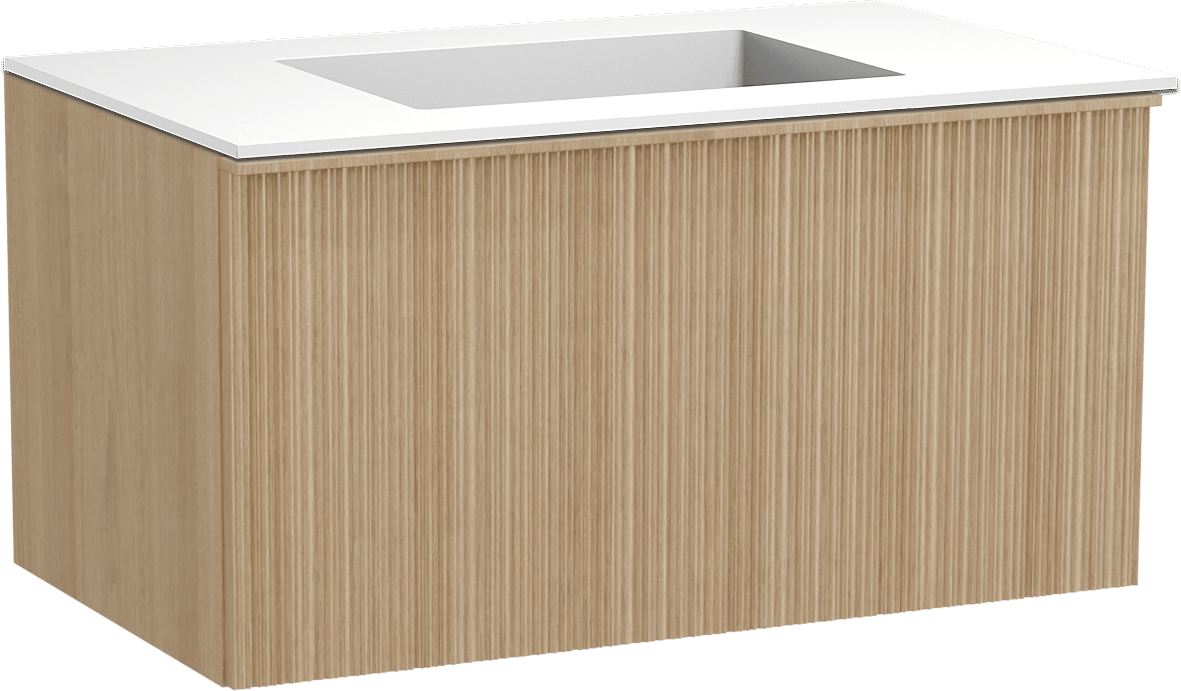 Balmani Forma zwevend badmeubel 90 x 55 cm naturel eiken met Tablo Stretto enkele wastafel in solid surface mat wit, Verticale asymmetrische ronde ribbel