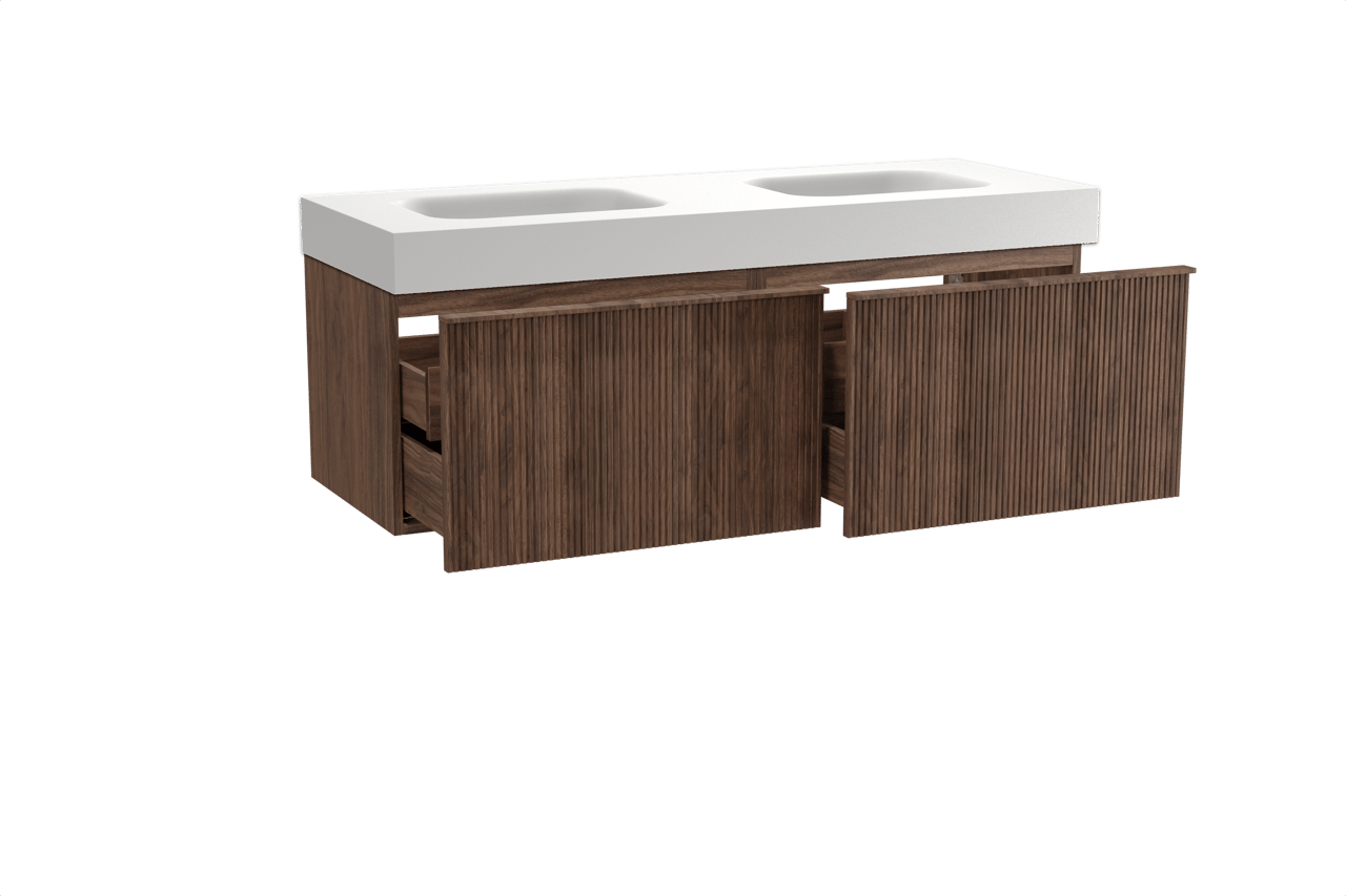 Balmani Forma hängendes Möbelstück Set: 150 x 55 cm, Amerikanischer Nussbaum, mit Arcato Doppelwaschtisch, Solid Surface, Weiß matt, Vertikale symmetrische gerade Rippe