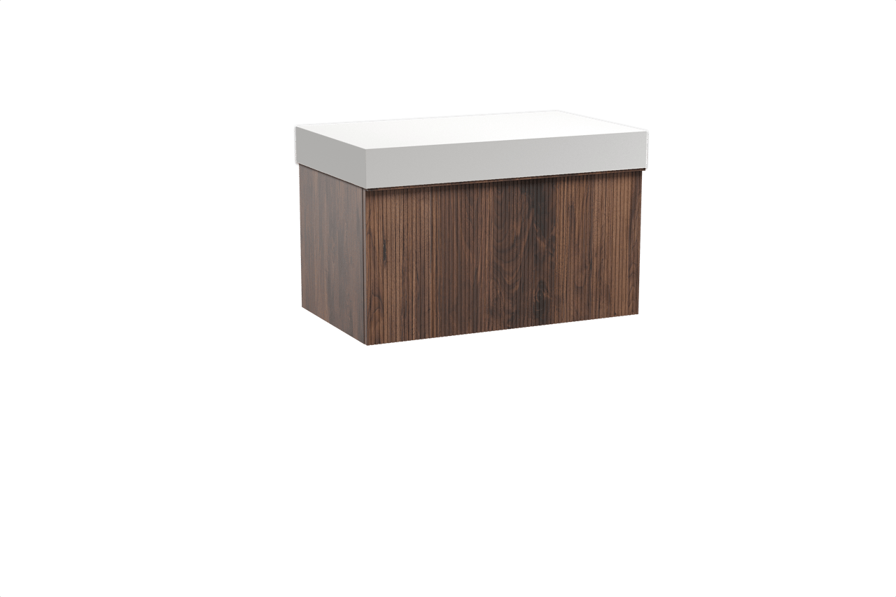 Balmani Forma hängendes Möbelstück Set: 90 x 55 cm, Amerikanischer Nussbaum, mit Dominus Einzel Waschtischplatte, Solid Surface, Weiß matt, Vertikale symmetrische gerade Rippe