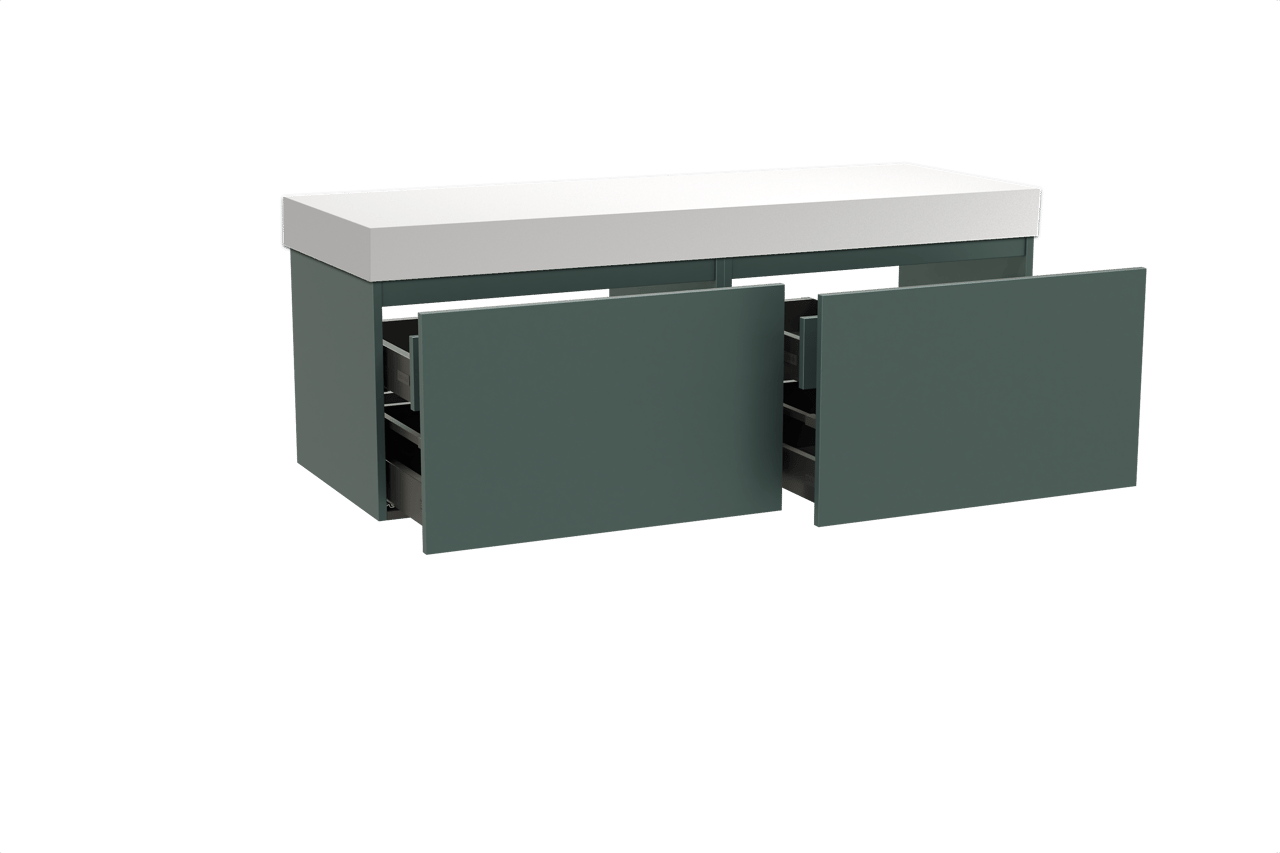 Balmani Sfera hängendes Möbelstück Set: 150 x 55 cm, Forest, mit Dominus Einzel- oder Doppel Waschtischplatte, Solid Surface Weiß matt