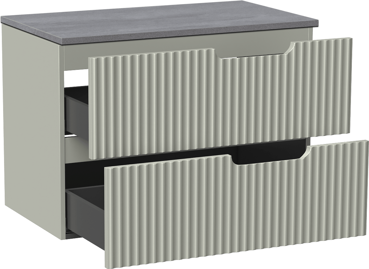 Linie Ribbo zwevend badmeubel 80 x 46 cm greige met Lado enkel wastafelblad in melamine beton donkergrijs, Verticale symmetrische ronde ribbel