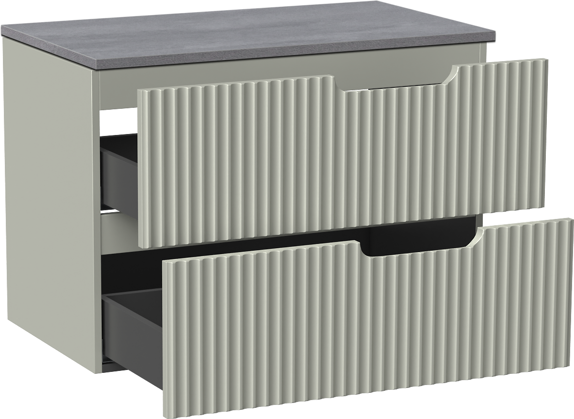 Linie Ribbo zwevend badmeubel 80 x 46 cm greige met Lado enkel wastafelblad in melamine beton donkergrijs, Verticale symmetrische ronde ribbel