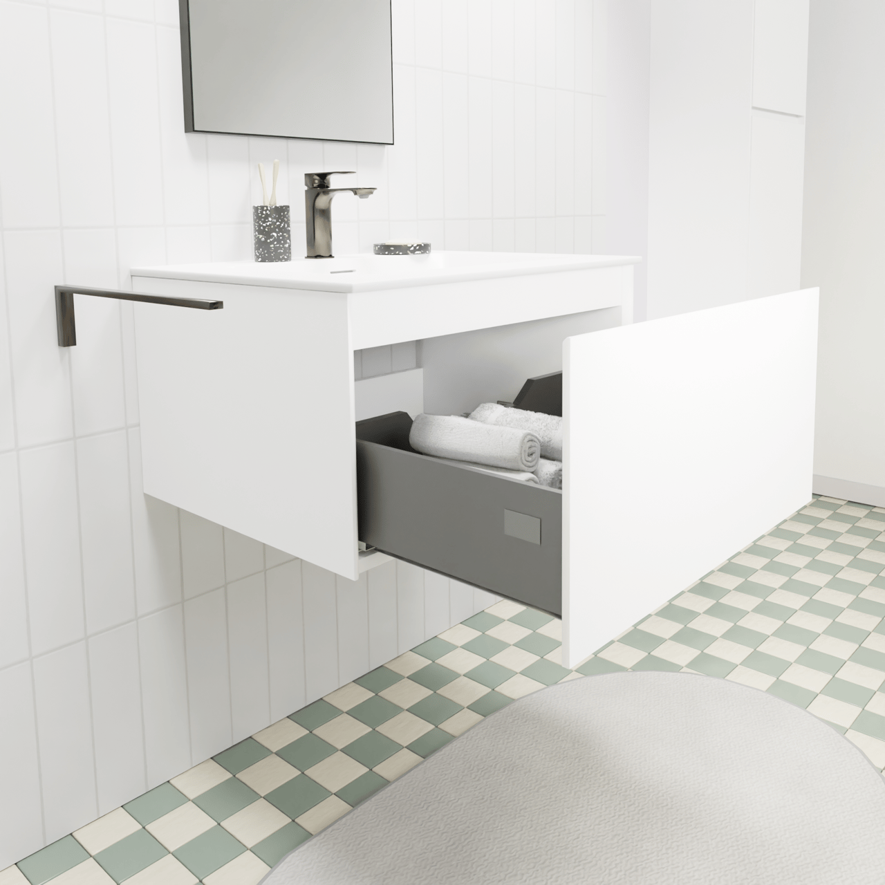 Storke Edge zwevend badkamermeubel 65 x 52 cm mat wit met Mata enkele wastafel in solid surface mat wit