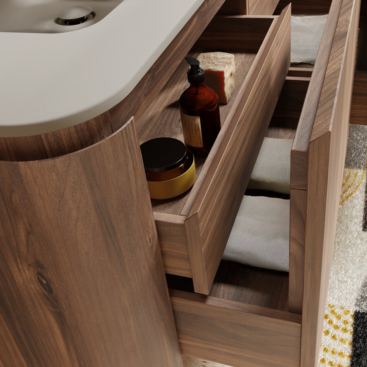 Balmani Moon hängendes Möbelstück Set: 160 x 55 cm, Amerikanischer Nussbaum, mit Moon Doppelwaschtisch, Top Solid Seidengrau