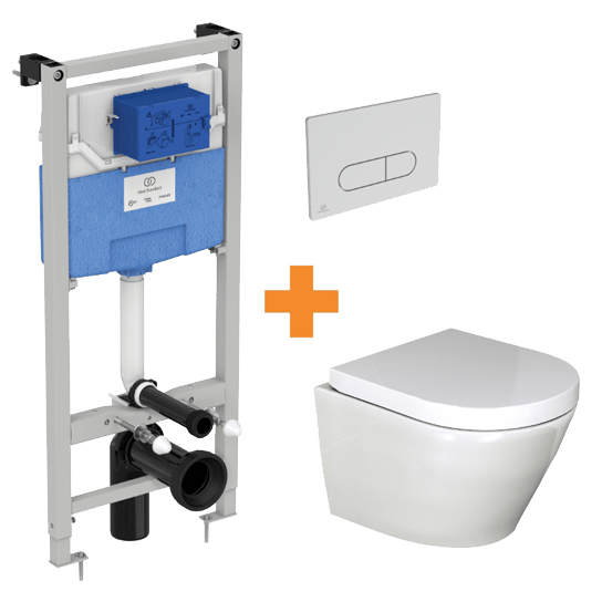 Luca Varess Calibro hangtoilet glanzend wit randloos compact met inbouwreservoir en gratis Ideal Standard Oleas M1 mat chroom bedieningspaneel