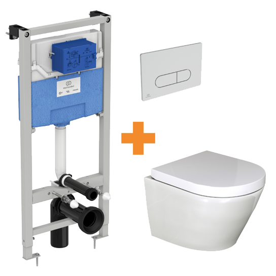 Luca Varess Calibro hangtoilet glanzend wit randloos compact met inbouwreservoir en gratis Ideal Standard Oleas M1 mat chroom bedieningspaneel
