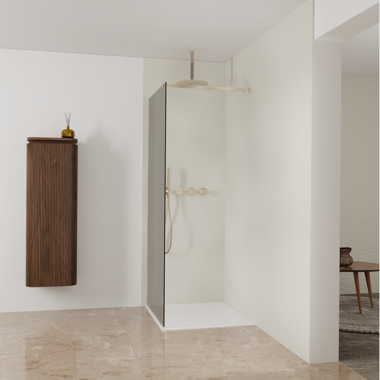 Balmani Modular Walk-In Dusche: 90 x 200 cm, Rauchglas, Profil Brushed Champagne Gold