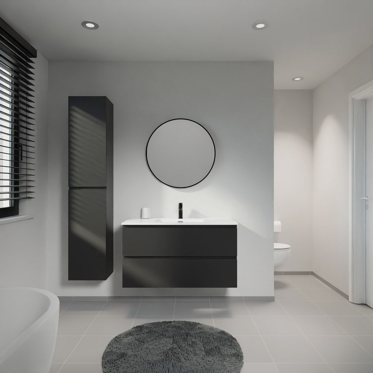 Linie Lado zwevend badmeubel 100 x 46 cm mat zwart met Baro enkele wastafel in porselein hoogglans wit