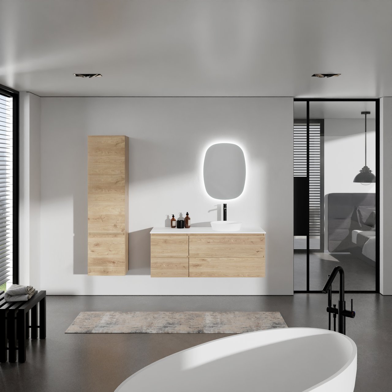 Balmani Lucida zwevend badmeubel 135 x 55 cm ruw eiken met Stretto enkel of dubbel wastafelblad in solid surface mat wit